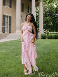 Blush Pink Halter Chiffon A-Line Prom Dress with Twist Flower Bust Cutout Waist Cascading Side Ruffles and Open Back Bow Tie