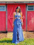Blush Pink Halter Chiffon A-Line Prom Dress with Twist Flower Bust Cutout Waist Cascading Side Ruffles and Open Back Bow Tie