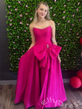 Barbie Pink Strapless Sweetheart Satin A-Line Ball Gown Prom Dress with Pleated Corset Bodice Pearl Beaded Neckline Oversized Bow Waist and Lace-Up Back