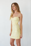 Pale Yellow Sequin Spaghetti Strap Mini Dress Bustier Lace Up Back Homecoming Party Dress