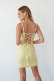 Pale Yellow Sequin Spaghetti Strap Mini Dress Bustier Lace Up Back Homecoming Party Dress