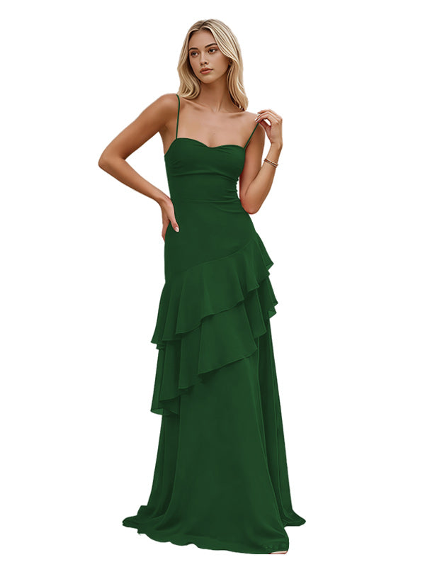 Red Spaghetti Strap Open Back Layered Ruffle Prom Dress