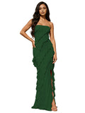 Blush Pink Strapless Mermaid Prom Dress with Diagonal Layered Ruffles High Slit Open Back
