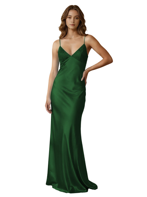 Blue Spaghetti Strap V-Neck Lace Bodice Open Back Bow Mermaid Prom Dress