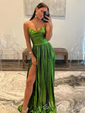 Metallic Green Strapless Sweetheart A-Line Prom Dress with Pleated Satin High Slit Lace-Up Back and Sweep Train