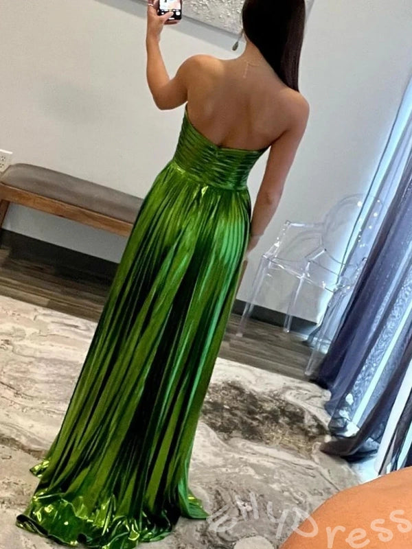 Metallic Green Strapless Sweetheart A-Line Prom Dress with Pleated Satin High Slit Lace-Up Back and Sweep Train