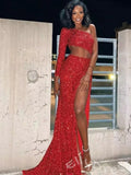 Burgundy One Shoulder Long Sleeve Full Sequin Fitted Mermaid Prom Dress with Waist Cutout Front High Slit Open Back and Sweep Train