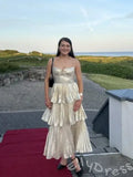 Champagne Gold Pearl Chain Strap Square Neck Metallic Pleated Three-Tier Cake Prom Dress with Corset Ruched Bodice and Midi Length