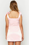 Blush Pink Satin Mini Dress Square Neck Bow Shoulder Straps Slim Fit Wedding Guest Cocktail Short Dress