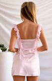 Sweet Bow Front Pink Satin Mini Dress Ruffle Thin Straps Open Back Slim Homecoming Birthday Short Gown