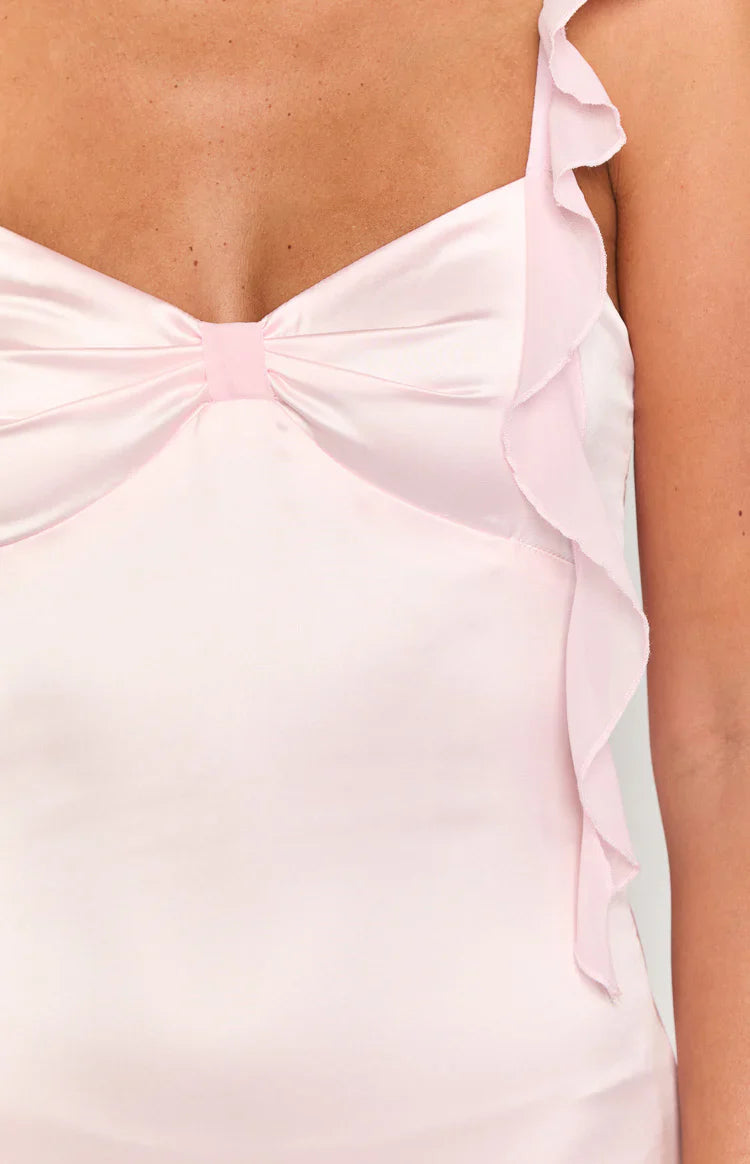 Sweet Bow Front Pink Satin Mini Dress Ruffle Thin Straps Open Back Slim Homecoming Birthday Short Gown