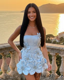 Light Blue 3D Floral Strapless Mini Dress Crystal Bodycon Homecoming Party Dress