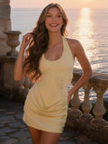 Yellow Open Back Halter Ruched Short Cocktail Dress With 3D Floral Applique