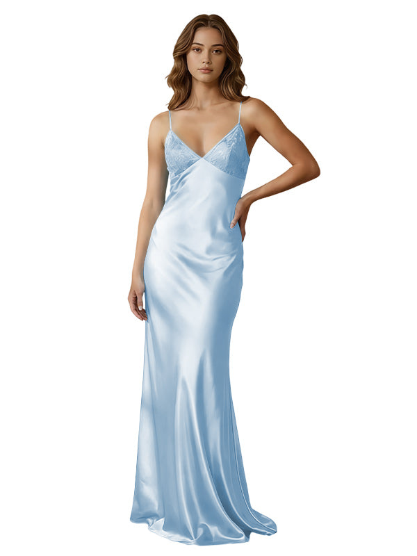 Blue Spaghetti Strap V-Neck Lace Bodice Open Back Bow Mermaid Prom Dress