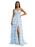 Yellow Spaghetti Strap Sweetheart A-Line Prom Dress with Layered Ruffles Bow Front Lace-Up Back and High Slit