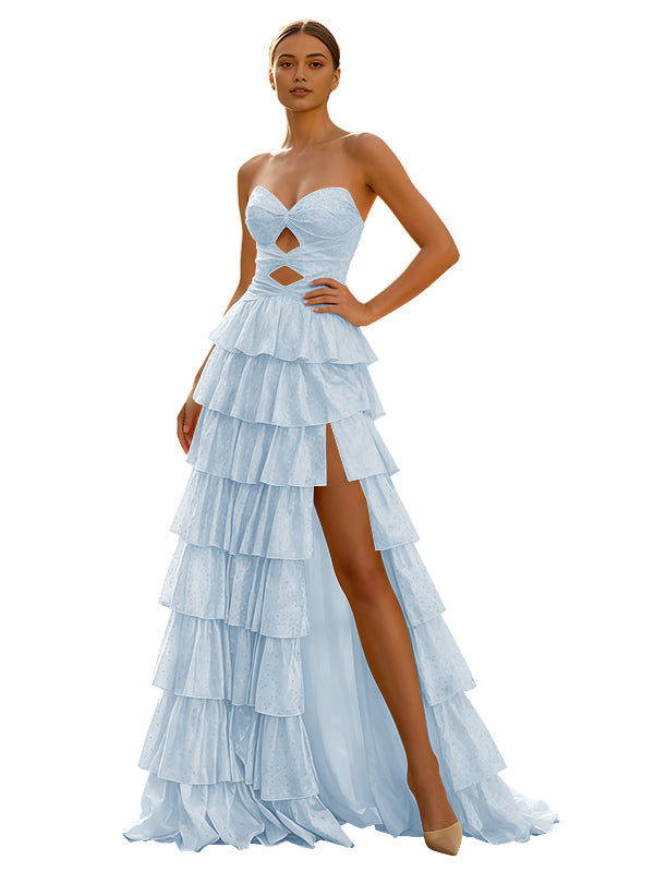 Cute Yellow A-Line Sweetheart Lace-Up Long Prom Dress With Slit