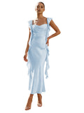 Blush Pink Ruffle Sleeve Cowl Neck Satin Prom Dress with Side Ruffles Lace-Up Back Tea Length
