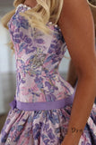 Lilac Floral Strapless Pearl Trim Hem Mini Homecoming Dress