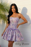 Lilac Floral Strapless Pearl Trim Hem Mini Homecoming Dress