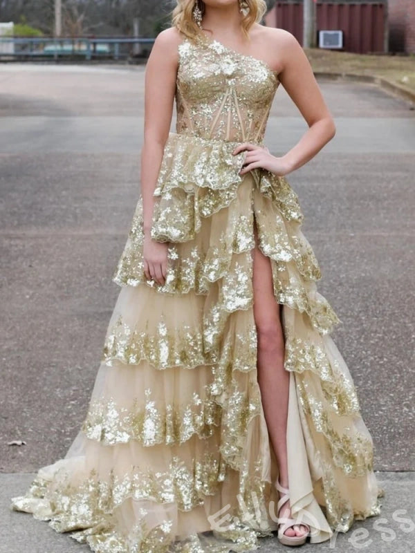 Black One Shoulder Full Sequin Floral Embroidered Seven-Tier Cake A-Line Prom Dress with 3D Floral Shoulder Detail Front High Slit Lace-Up Corset Back and Sweep Train