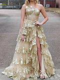 Black One Shoulder Full Sequin Floral Embroidered Seven-Tier Cake A-Line Prom Dress with 3D Floral Shoulder Detail Front High Slit Lace-Up Corset Back and Sweep Train