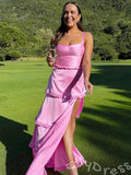 Pink Wide Strap Square Neck Corset Bodice A-Line Prom Dress with Tiered Ruffles High Slit and Lace-Up Back