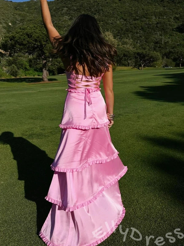 Pink Wide Strap Square Neck Corset Bodice A-Line Prom Dress with Tiered Ruffles High Slit and Lace-Up Back