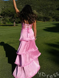 Pink Wide Strap Square Neck Corset Bodice A-Line Prom Dress with Tiered Ruffles High Slit and Lace-Up Back