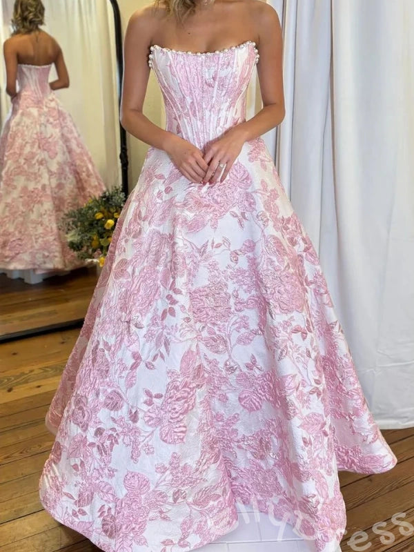 Pink Rose Floral Print Strapless Satin A-Line Prom Dress with 3D Rose Flower