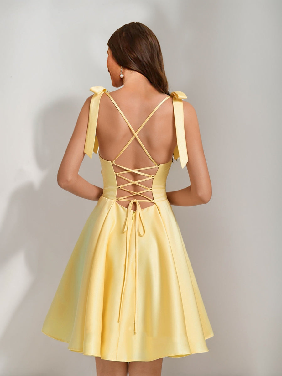 Yellow Satin One Shoulder Bow Strap Lace-Up Back Homecoming Mini Dress
