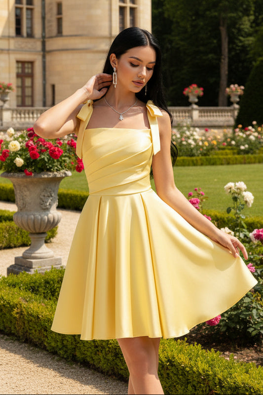 Yellow Satin One Shoulder Bow Strap Lace-Up Back Homecoming Mini Dress