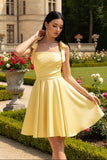 Yellow Satin One Shoulder Bow Strap Lace-Up Back Homecoming Mini Dress