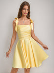 Yellow Satin One Shoulder Bow Strap Lace-Up Back Homecoming Mini Dress