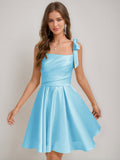 Yellow Satin One Shoulder Bow Strap Lace-Up Back Homecoming Mini Dress