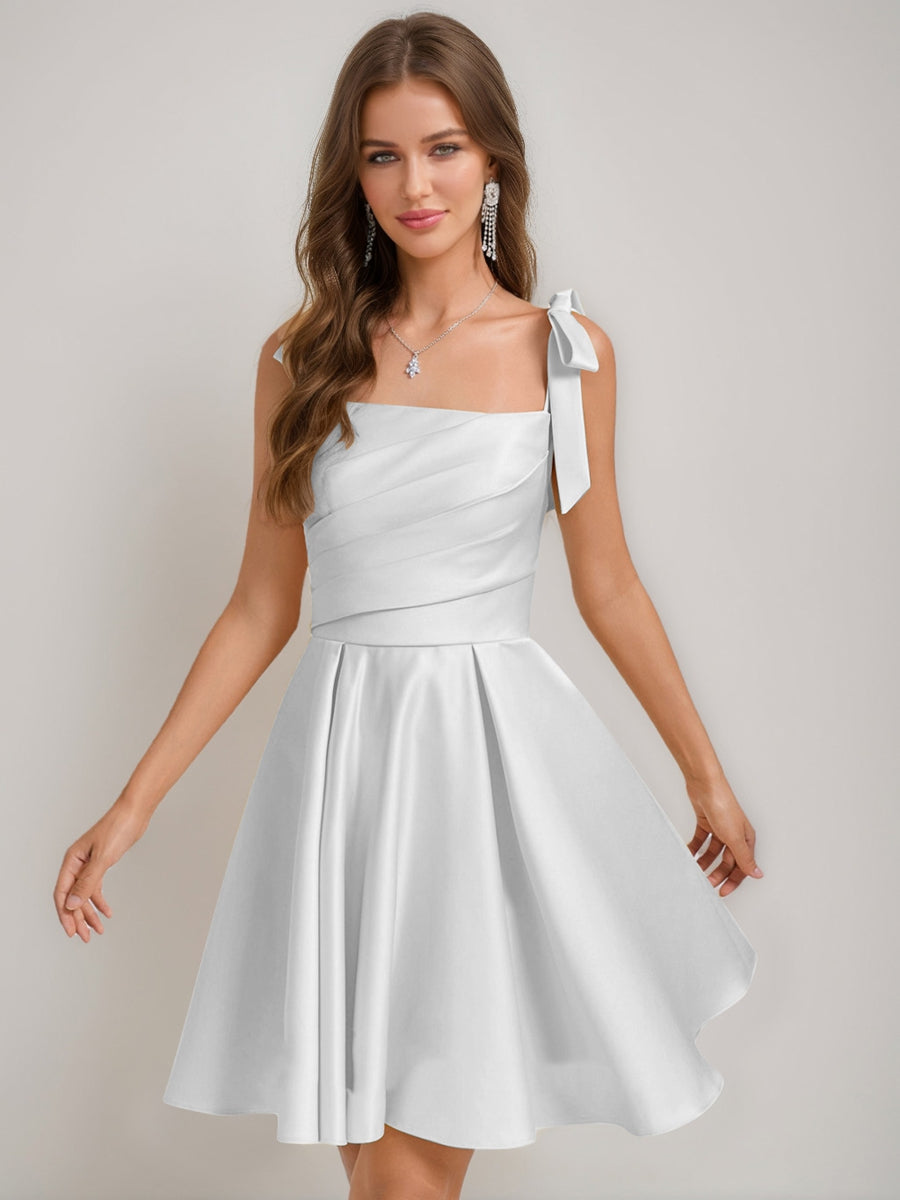 Yellow Satin One Shoulder Bow Strap Lace-Up Back Homecoming Mini Dress