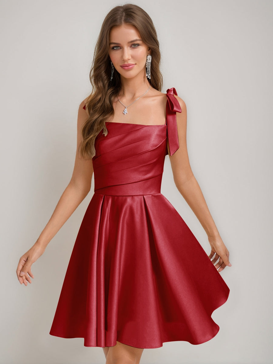 Yellow Satin One Shoulder Bow Strap Lace-Up Back Homecoming Mini Dress