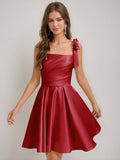 Yellow Satin One Shoulder Bow Strap Lace-Up Back Homecoming Mini Dress