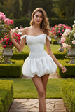 White Off Shoulder 3D Floral Corset Bubble Mini Dress Homecoming Party Gown