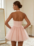 Blush Pink Halter Corset Tulle Mini Dress Bow Detail Homecoming Party Gown