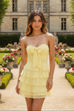 Pale Yellow Strapless Bow Tiered Ruffle Mini Dress Lace-Up Back Homecoming Gown
