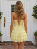 Pale Yellow Strapless Bow Tiered Ruffle Mini Dress Lace-Up Back Homecoming Gown