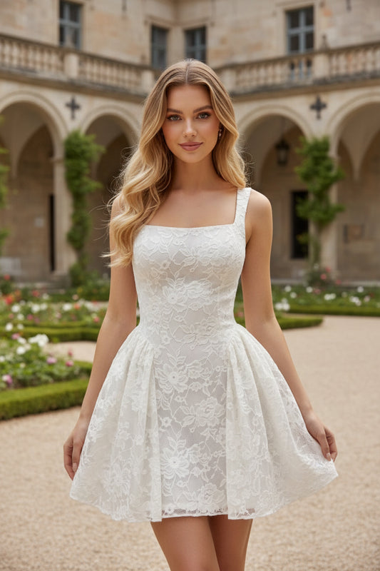 White Square Strap Lace A-Line Mini Dress Homecoming Short Party Gown
