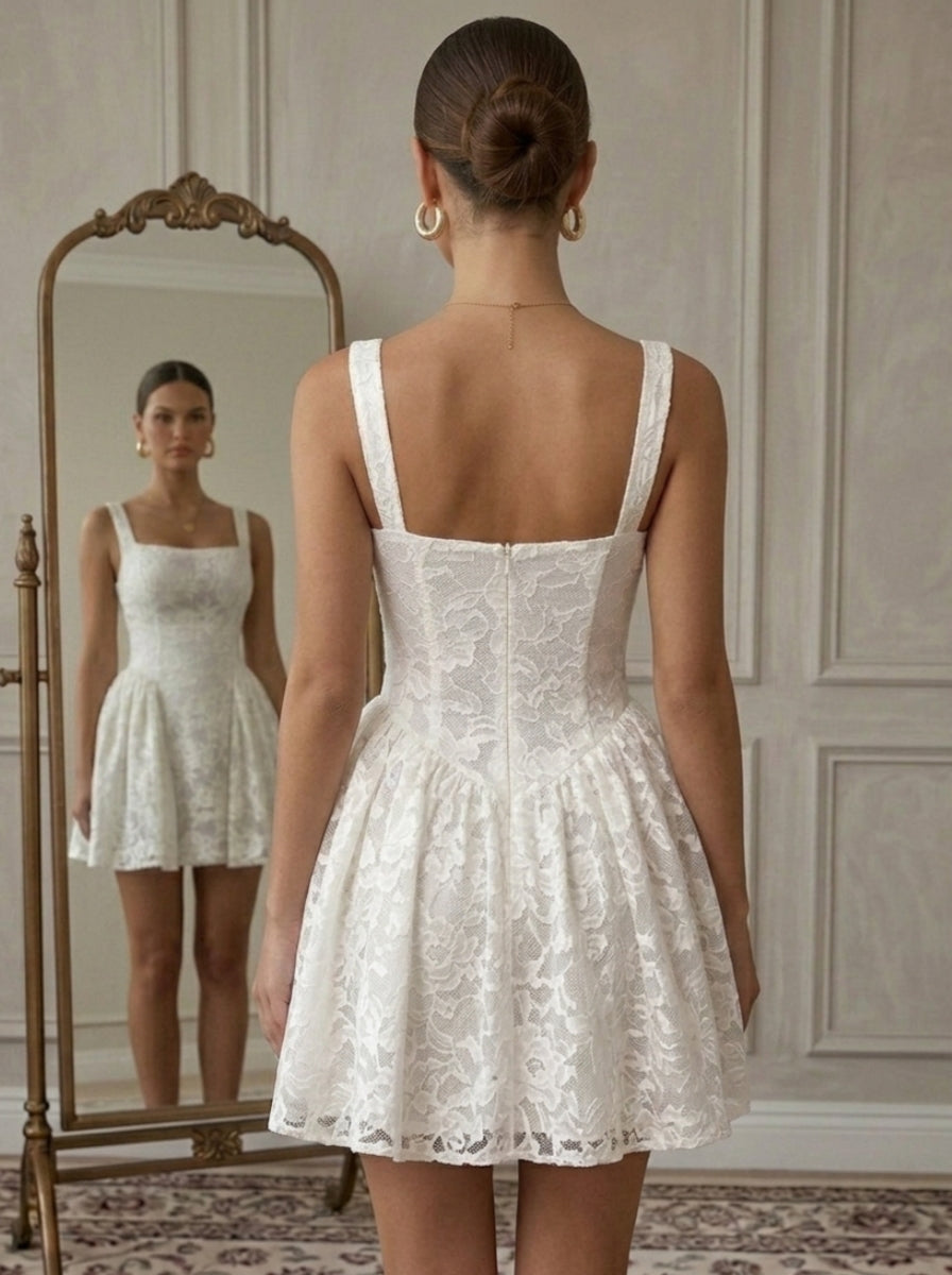 White Square Strap Lace A-Line Mini Dress Homecoming Short Party Gown