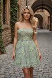 Sage Green Strapless 3D Floral Sequin Mini Dress Homecoming Sparkly Party Gown