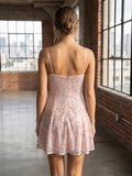 Blush Pink Sequin Spaghetti Strap Flare Mini Dress Homecoming Sparkly Party Gown