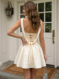 Cream Cowl Neck Flare Mini Dress Lace-Up Corset Back Homecoming Party Gown
