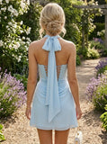 Light Blue Square Neck Mini Dress Back Bow Lace-Up Homecoming Party Gown