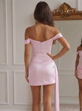 Soft Pink Off Shoulder Satin Mini Dress Draped Detail Homecoming Party Gown