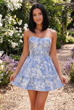 Blue White Floral Strapless Mini Dress Lace-Up Back Ruffle Hem Homecoming Party Gown