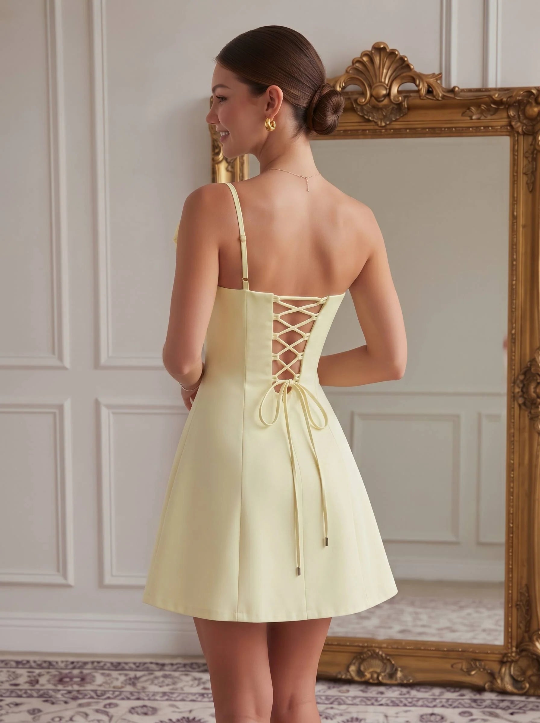 Pale Yellow Homecoming Mini Dress Lace-Up Back Spaghetti Strap Party Short Gown